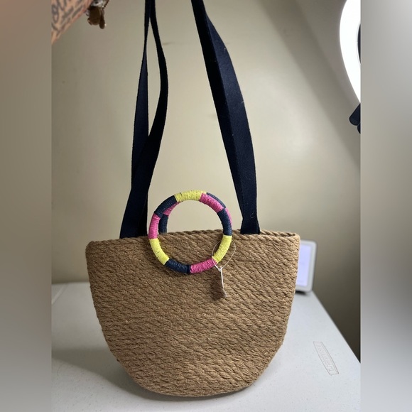 Gap jute tote bucket bag Tan Woven pink yellow blue Handle Beach Vacation NWT - Picture 5 of 8